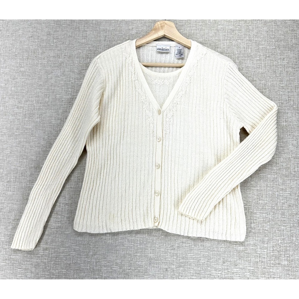 Villager Petite Sweater Set‎ Womens Medium Cream Cardigan Floral Embroidered